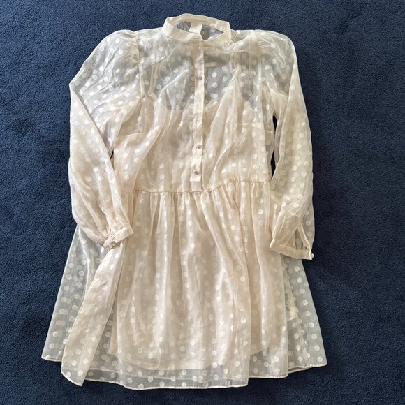 NWT H&M Sheer Ivory Cream Grace Kelly Neck Polka Dot Dress Sz M - Picture 4 of 10